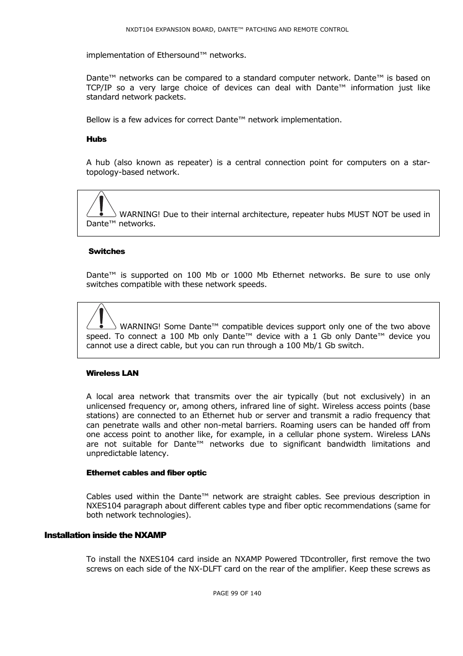 Hubs, Switches, Wireless lan | Ethernet cables and fiber optic, Installation inside the nxamp, Witches, Ireless, Thernet cables and fiber optic, Nstallation inside the, Nxamp | Nexo NUAR User Manual | Page 99 / 140