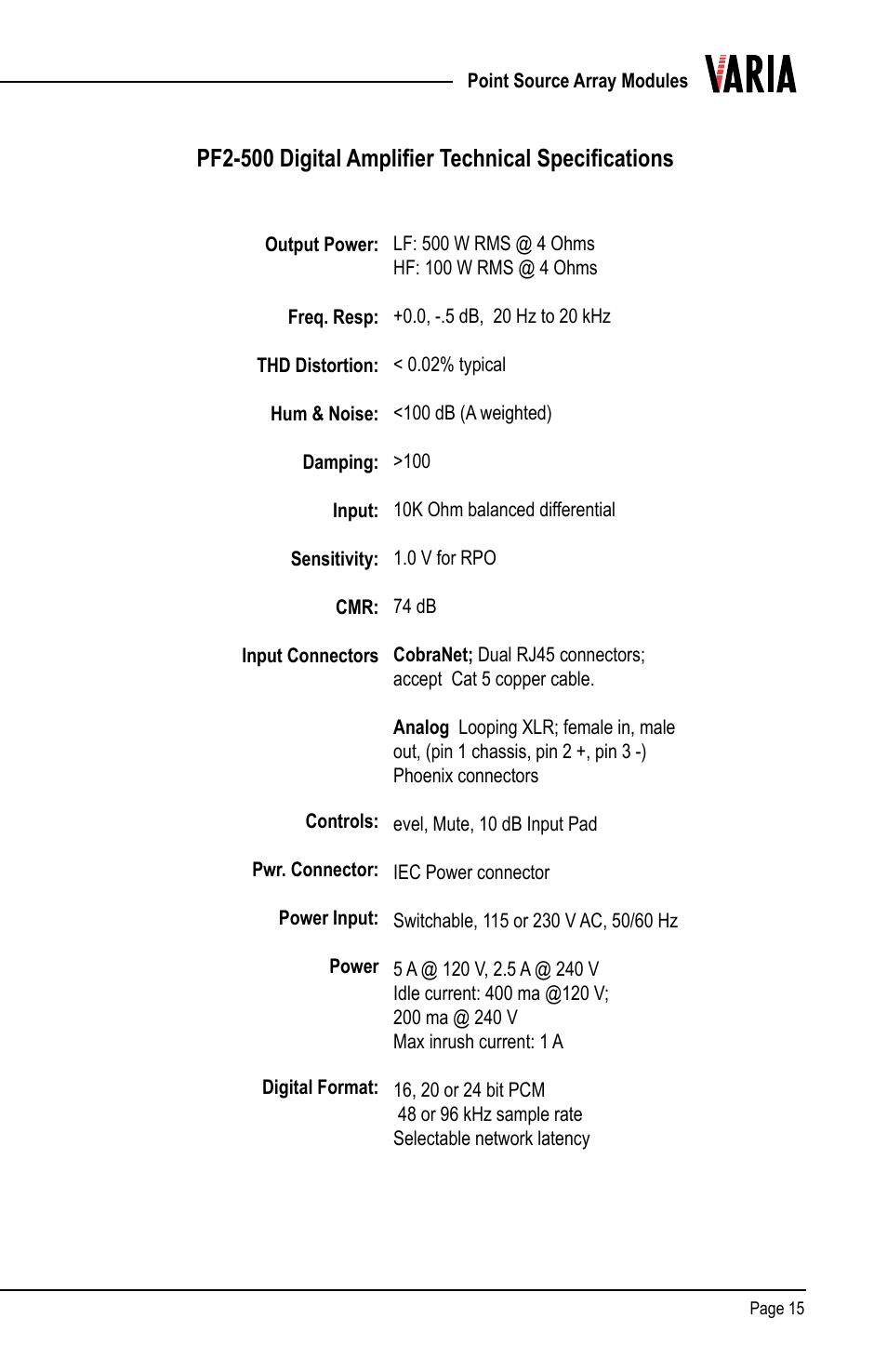 Pf2-500 digital amplifier technical specifications | Renkus-Heinz VAX15S User Manual | Page 15 / 24