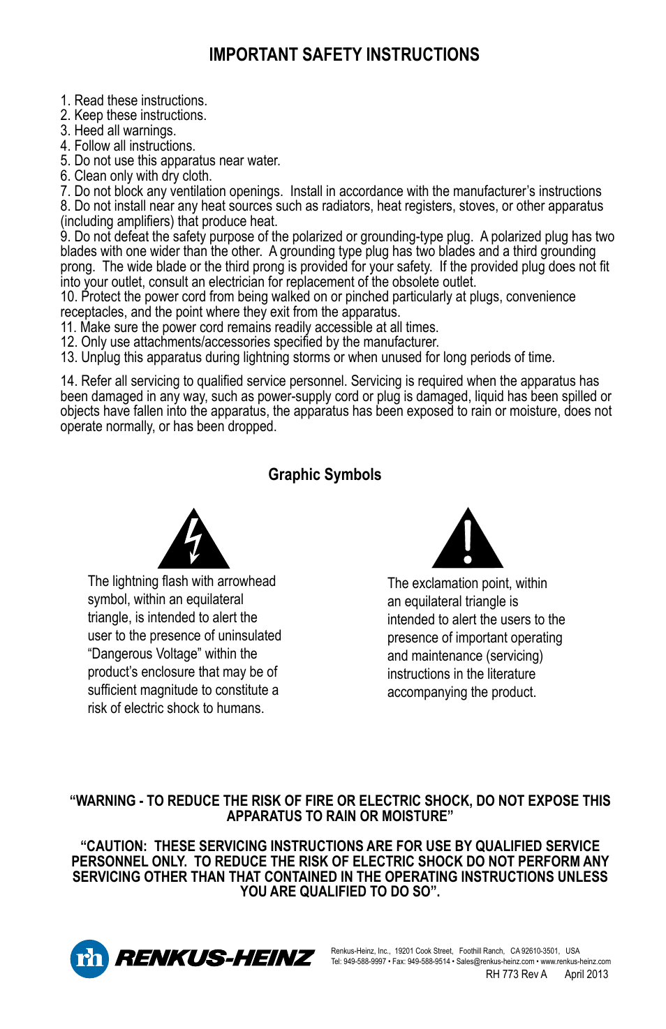 Important safety instructions | Renkus-Heinz VAX15S User Manual | Page 24 / 24