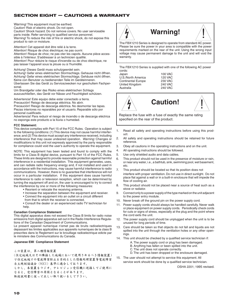 Caution, Warning | SABINE FBX 1210 User Manual | Page 10 / 12