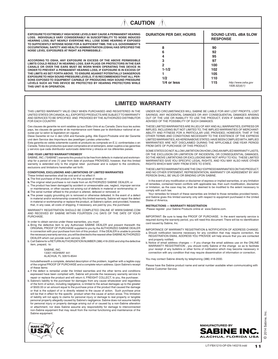 Limited warranty, Caution | SABINE FBX 1210 User Manual | Page 11 / 12