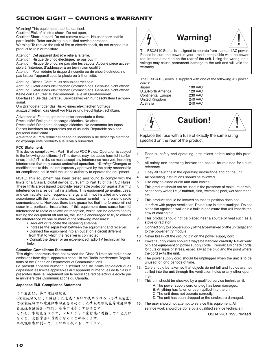 Caution, Warning | SABINE FBX 2410 User Manual | Page 10 / 12