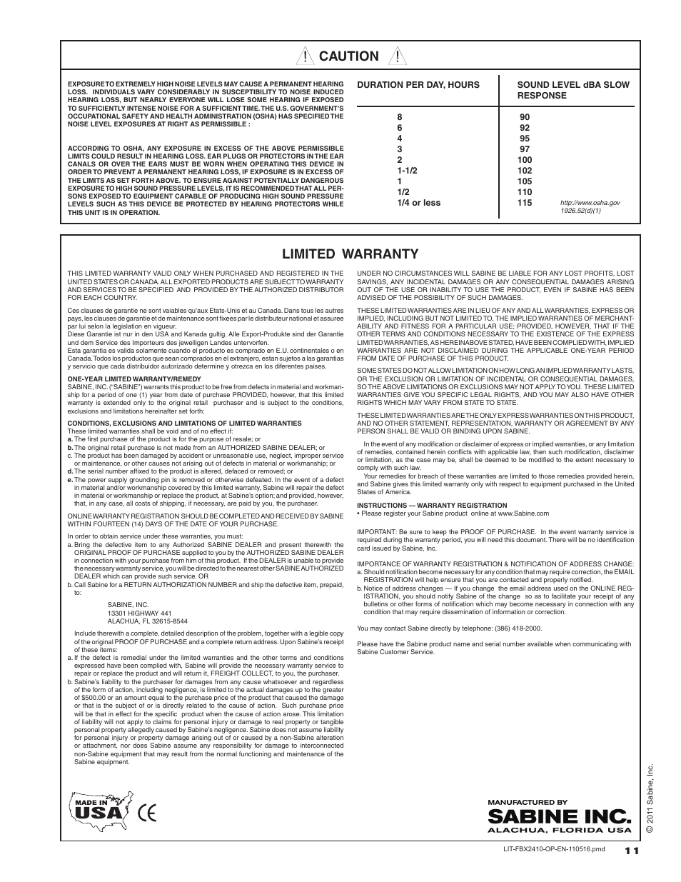 Limited warranty, Caution | SABINE FBX 2410 User Manual | Page 11 / 12