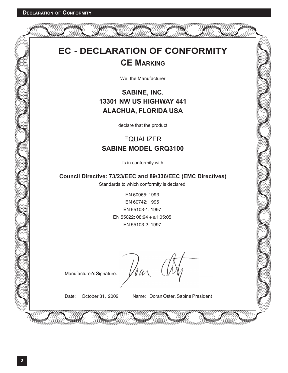 Ec - declaration of conformity ce m, Equalizer sabine model grq3100 | SABINE Graphi-Q2 3122-S User Manual | Page 3 / 58