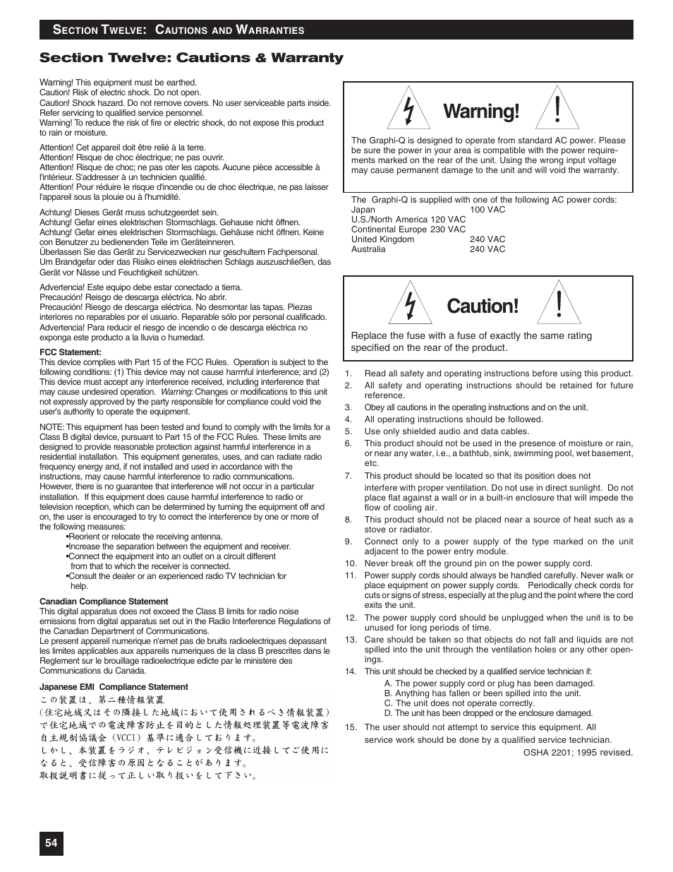 Warning, Caution | SABINE Graphi-Q2 3122-S User Manual | Page 55 / 58