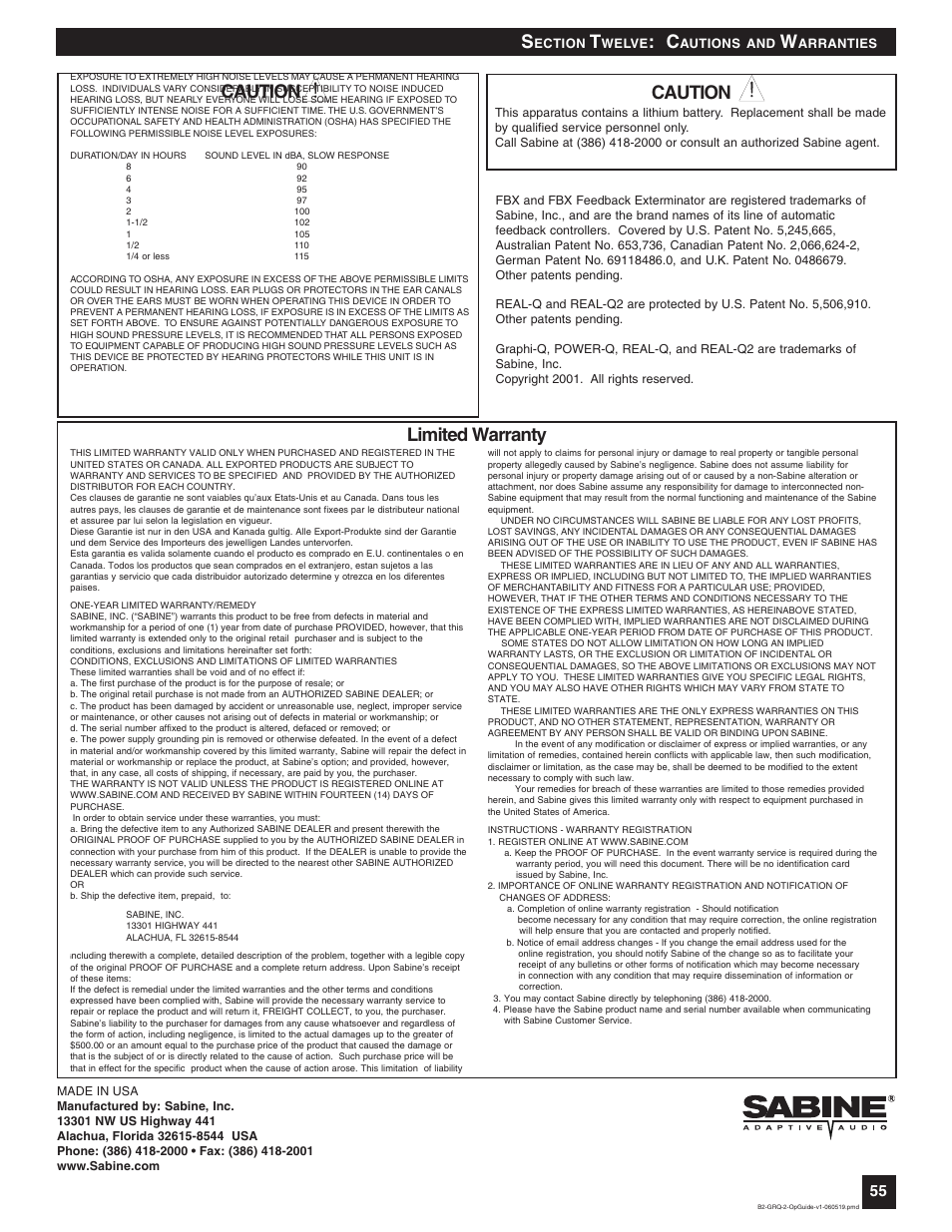 Limited warranty caution caution | SABINE Graphi-Q2 3122-S User Manual | Page 56 / 58