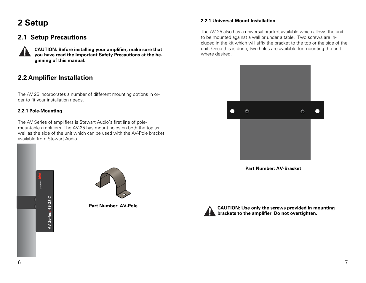 2 setup, 1 setup precautions, 2 amplifier installation | Stewart Audio AV25-2 User Manual | Page 4 / 10