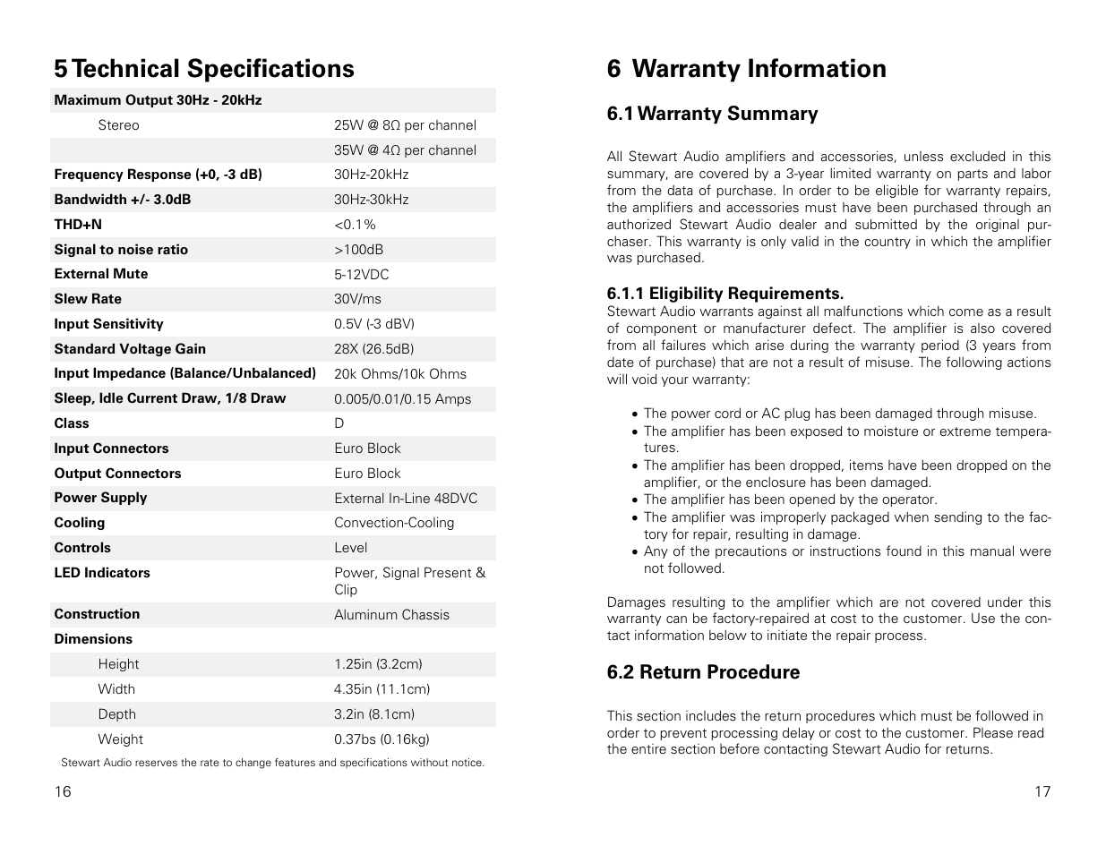 5 technical specifications, 6 warranty information, 1 warranty summary | 2 return procedure | Stewart Audio AV25-2 User Manual | Page 9 / 10