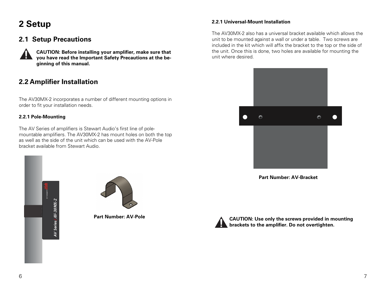 2 setup, 1 setup precautions, 2 amplifier installation | Stewart Audio AV30MX-2 User Manual | Page 4 / 11