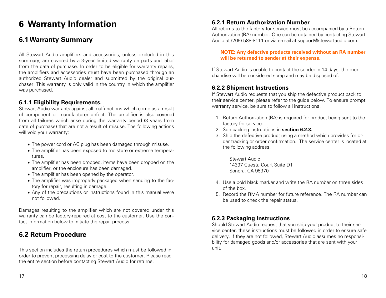 6 warranty information | Stewart Audio AV50-1 User Manual | Page 10 / 11