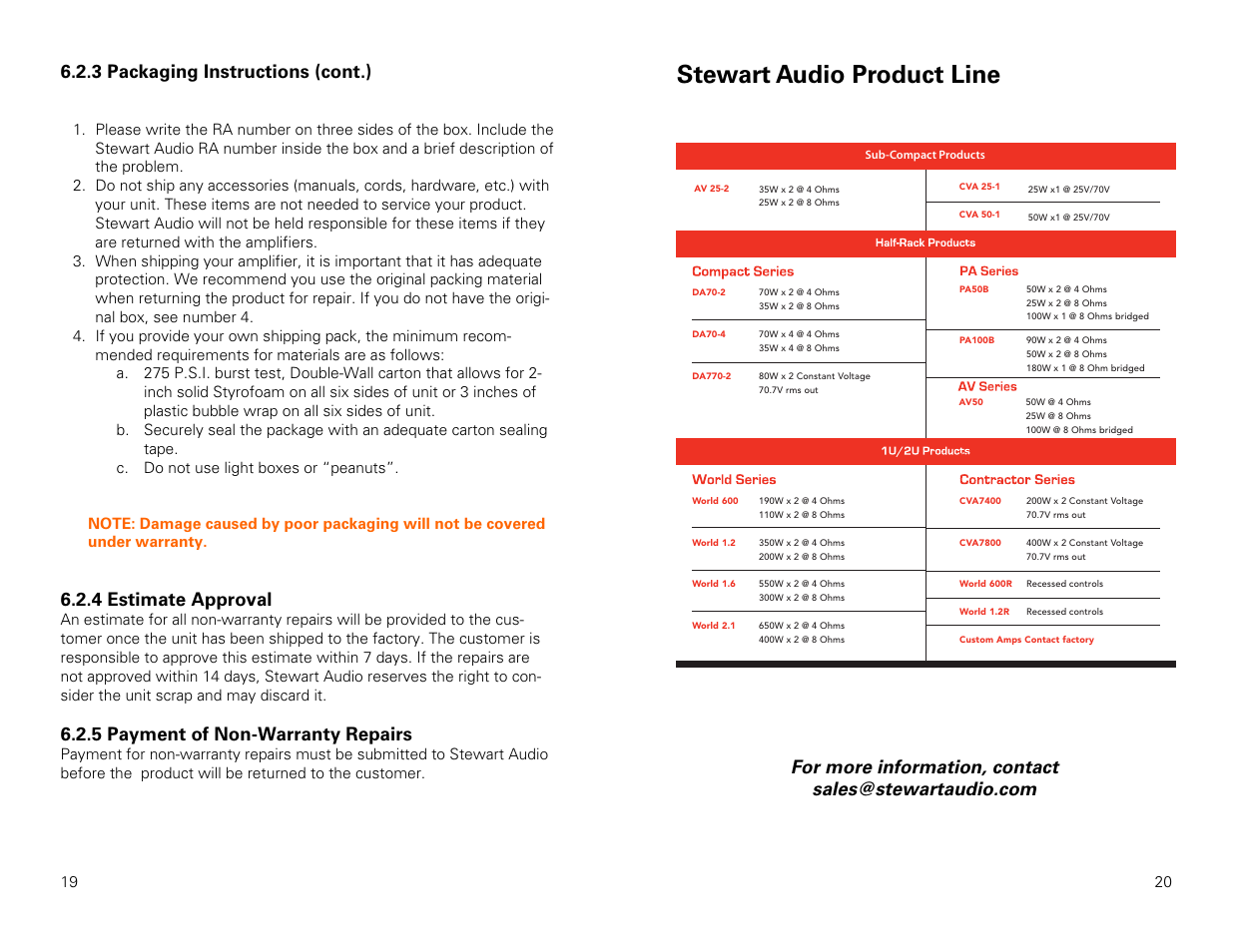 Stewart audio product line, 3 packaging instructions (cont.), 4 estimate approval | 5 payment of non-warranty repairs | Stewart Audio AV50-1 User Manual | Page 11 / 11