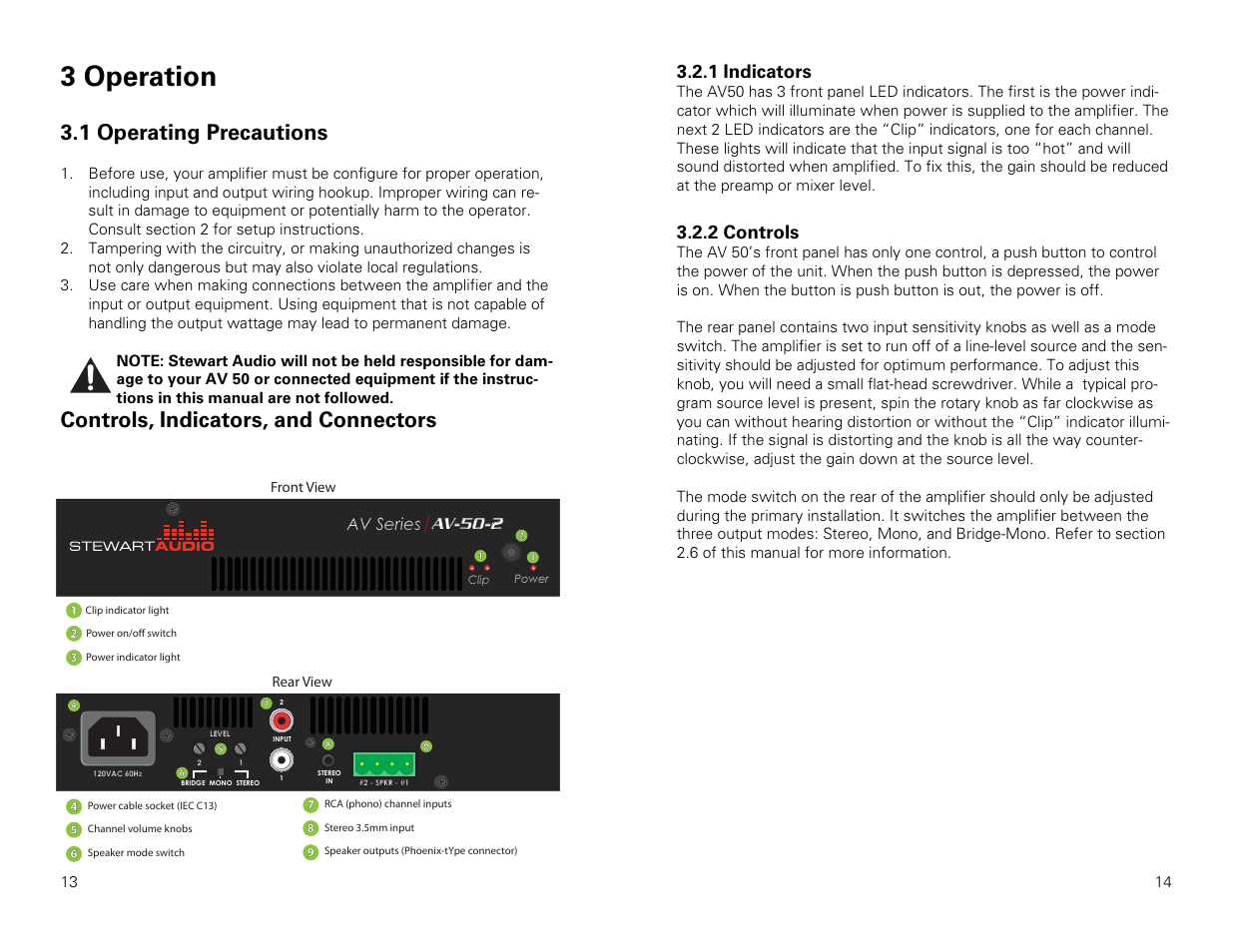3 operation, 1 operating precautions, Controls, indicators, and connectors | 1 indicators, 2 controls | Stewart Audio AV50-1 User Manual | Page 8 / 11