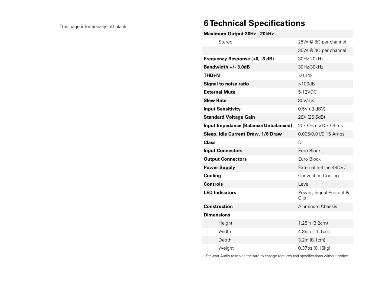 6 technical specifications | Stewart Audio AV25-2 RS232 User Manual | Page 10 / 12