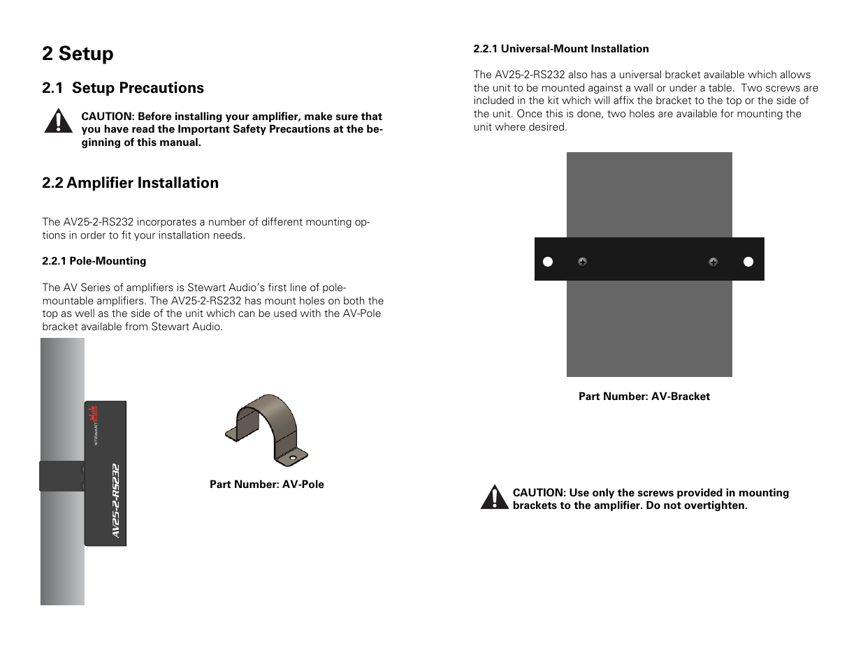 2 setup, 1 setup precautions, 2 amplifier installation | Stewart Audio AV25-2 RS232 User Manual | Page 4 / 12