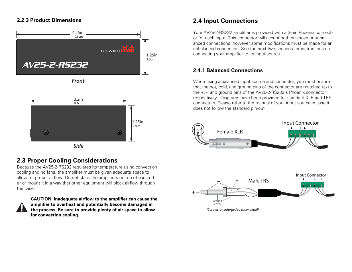 3 proper cooling considerations, 4 input connections | Stewart Audio AV25-2 RS232 User Manual | Page 5 / 12