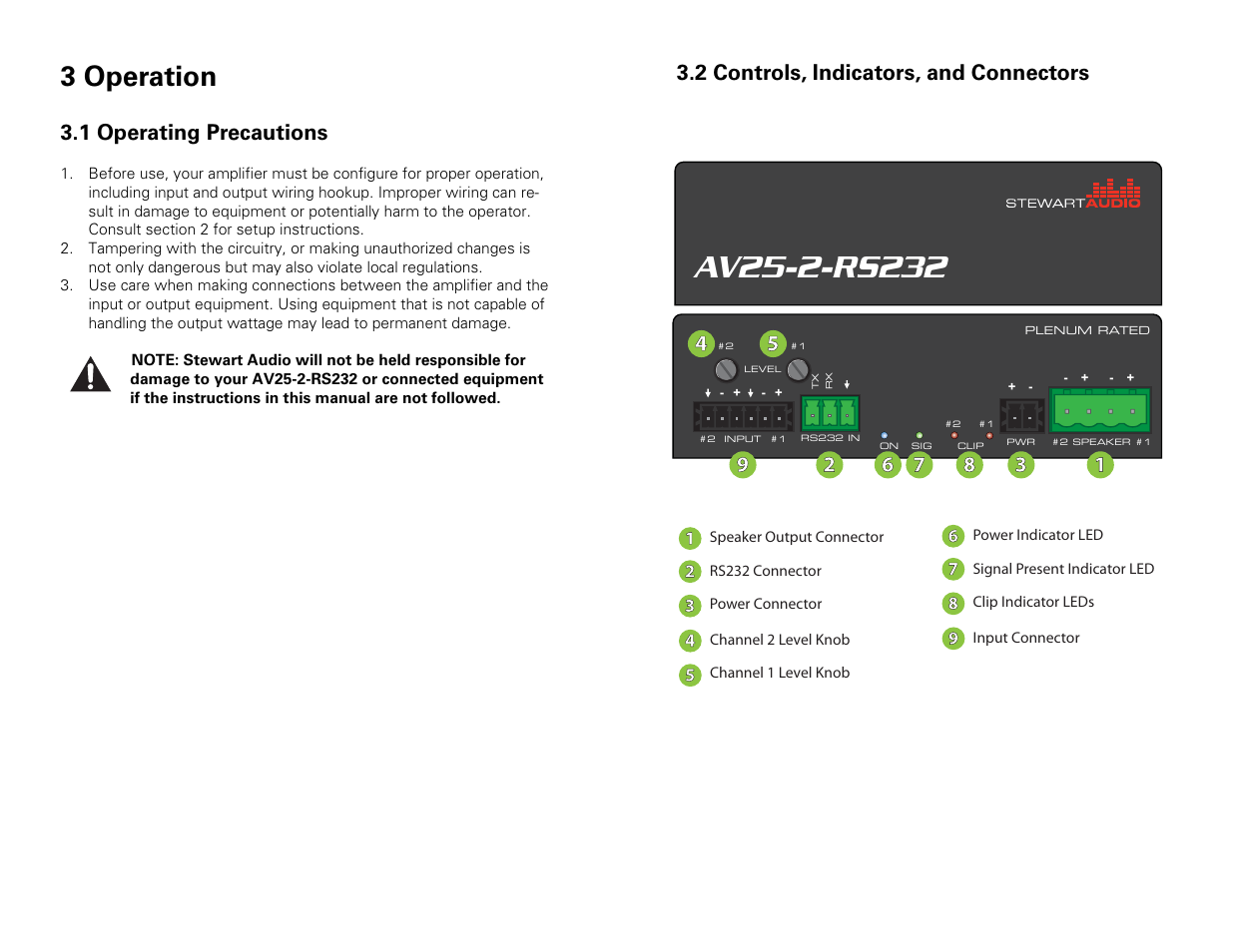 3 operation, 1 operating precautions, 2 controls, indicators, and connectors | Stewart Audio AV25-2 RS232 User Manual | Page 7 / 12