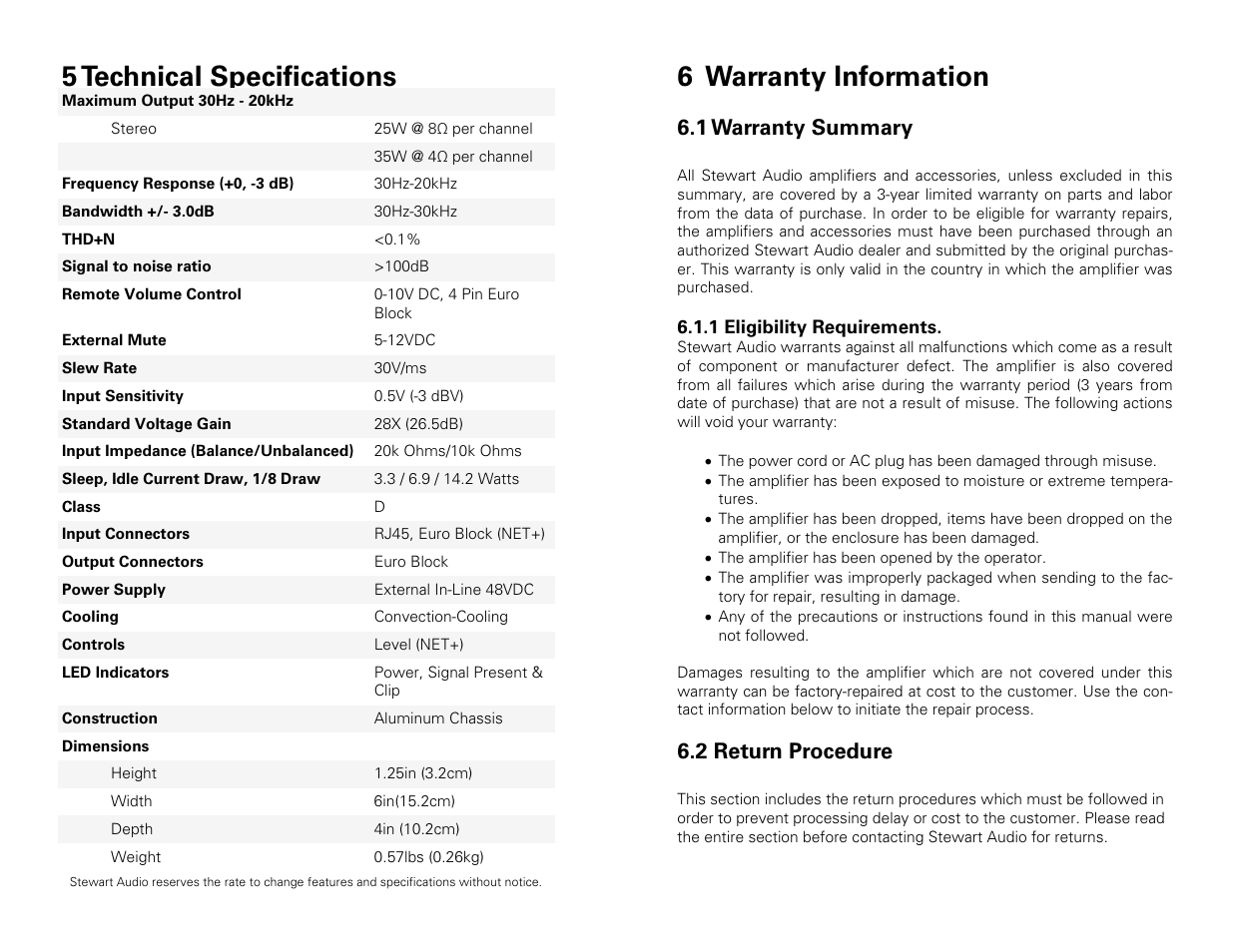 5 technical specifications, 6 warranty information, 1 warranty summary | 2 return procedure | Stewart Audio AV25-2 NET+ User Manual | Page 12 / 14