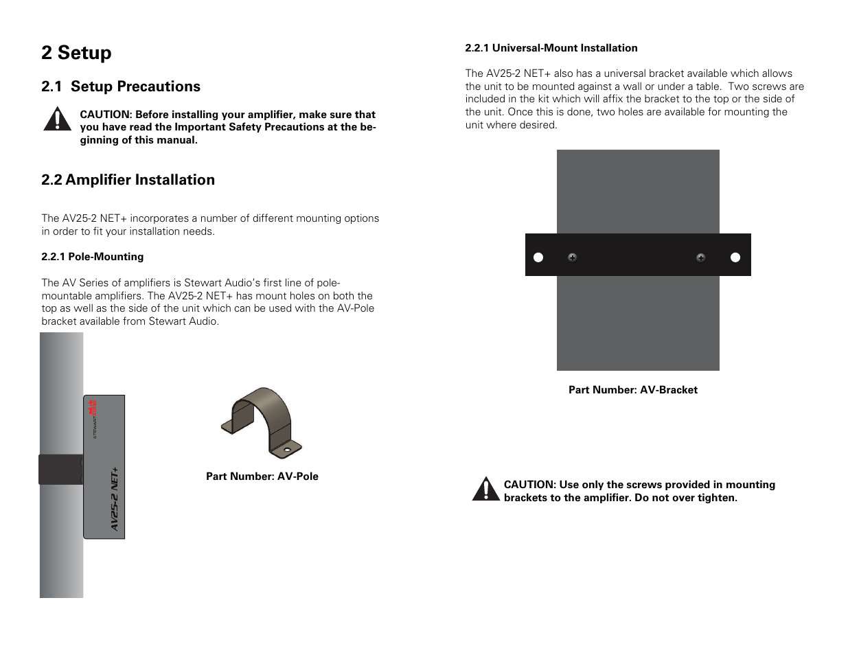 2 setup, 1 setup precautions, 2 amplifier installation | Stewart Audio AV25-2 NET+ User Manual | Page 4 / 14