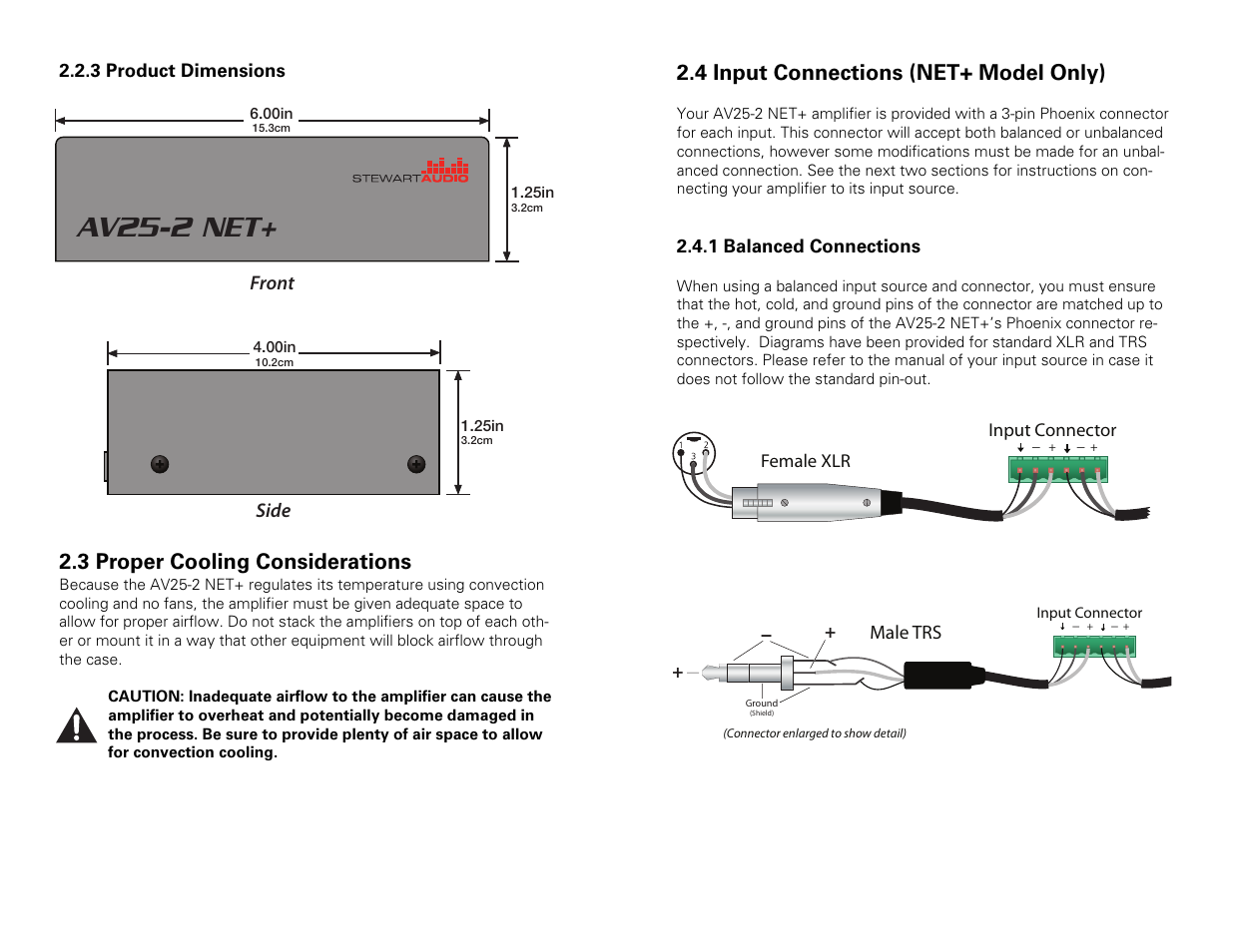 Av25-2 net, 3 proper cooling considerations, 4 input connections (net+ model only) | Stewart Audio AV25-2 NET+ User Manual | Page 5 / 14