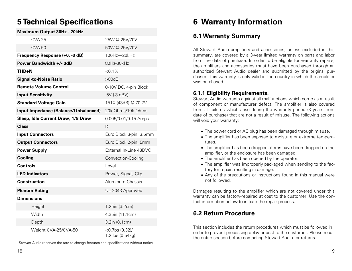 5 technical specifications, 6 warranty information, 1 warranty summary | 2 return procedure | Stewart Audio CVA50-1 User Manual | Page 10 / 12