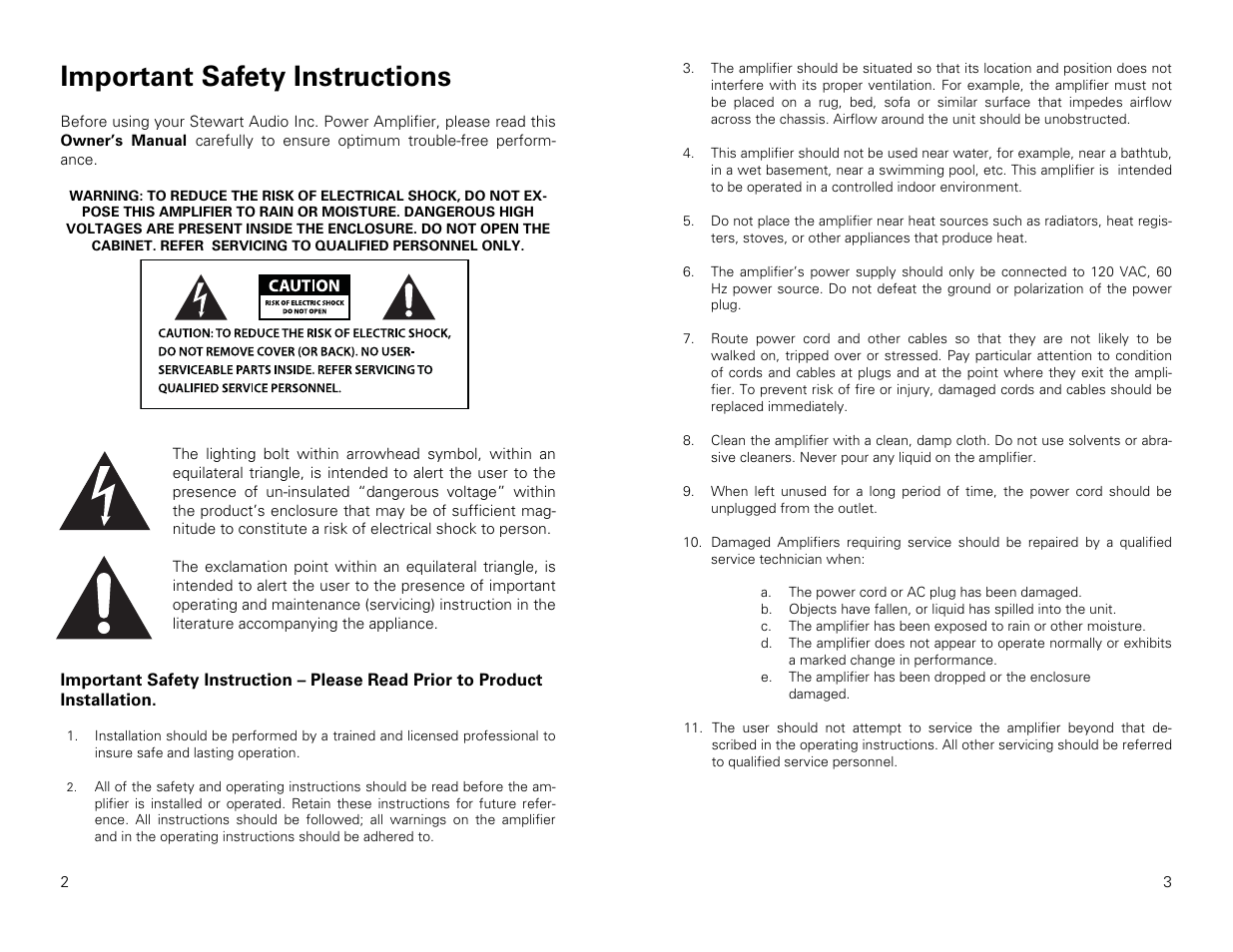 Important safety instructions | Stewart Audio CVA50-1 User Manual | Page 2 / 12