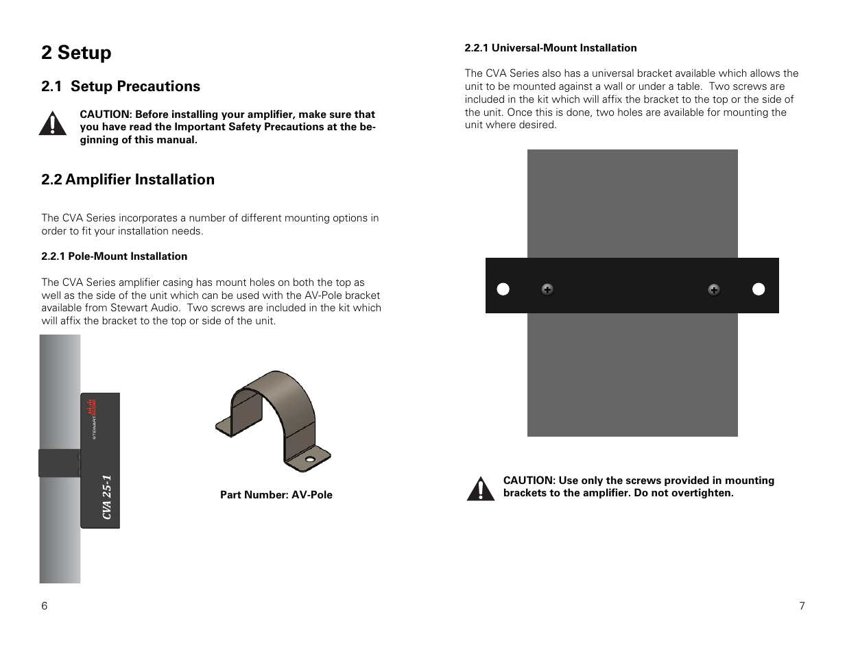 2 setup, 1 setup precautions, 2 amplifier installation | Stewart Audio CVA50-1 User Manual | Page 4 / 12