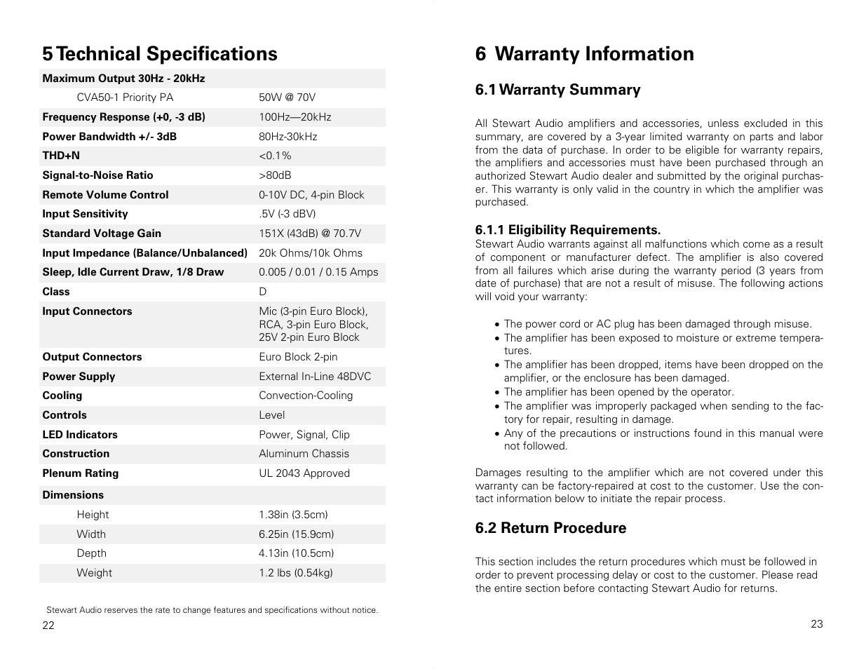 5 technical specifications, 6 warranty information, 1 warranty summary | 2 return procedure | Stewart Audio CVA50-1 Priority PA User Manual | Page 12 / 14