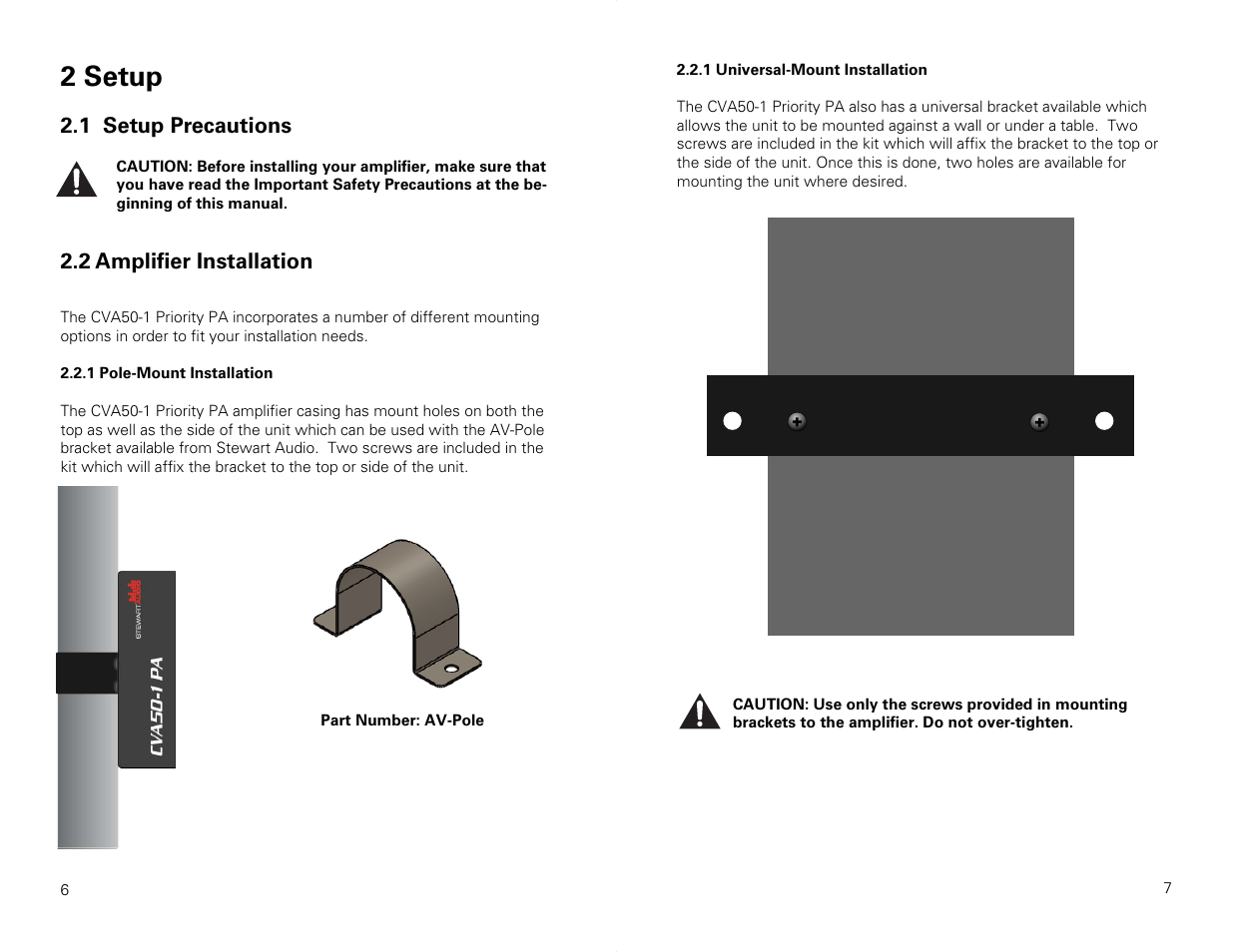 2 setup, 1 setup precautions, 2 amplifier installation | Stewart Audio CVA50-1 Priority PA User Manual | Page 4 / 14