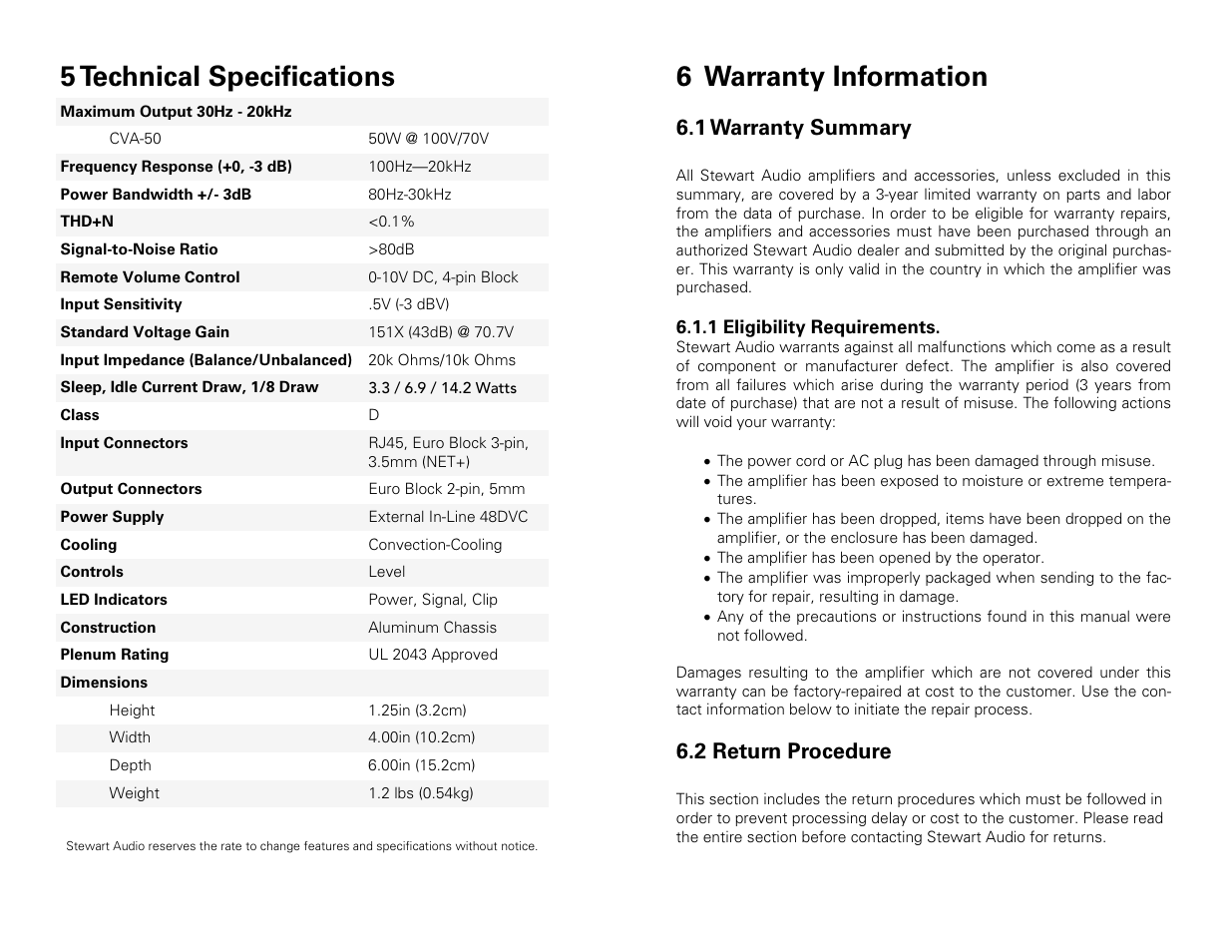 5 technical specifications, 6 warranty information, 1 warranty summary | 2 return procedure | Stewart Audio CVA50-1 NET+ User Manual | Page 11 / 13