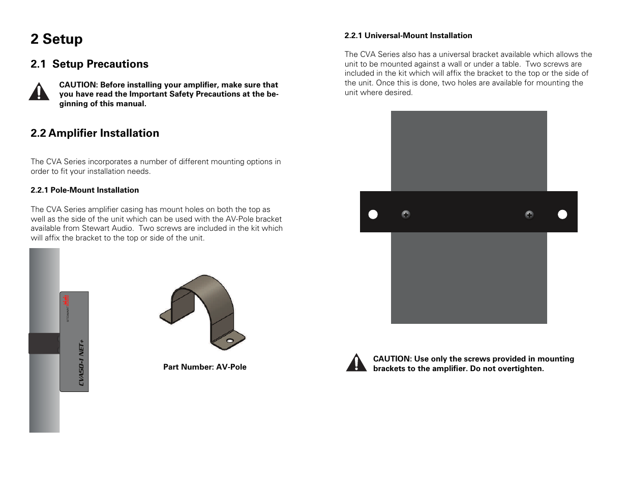 2 setup, 1 setup precautions, 2 amplifier installation | Stewart Audio CVA50-1 NET+ User Manual | Page 4 / 13