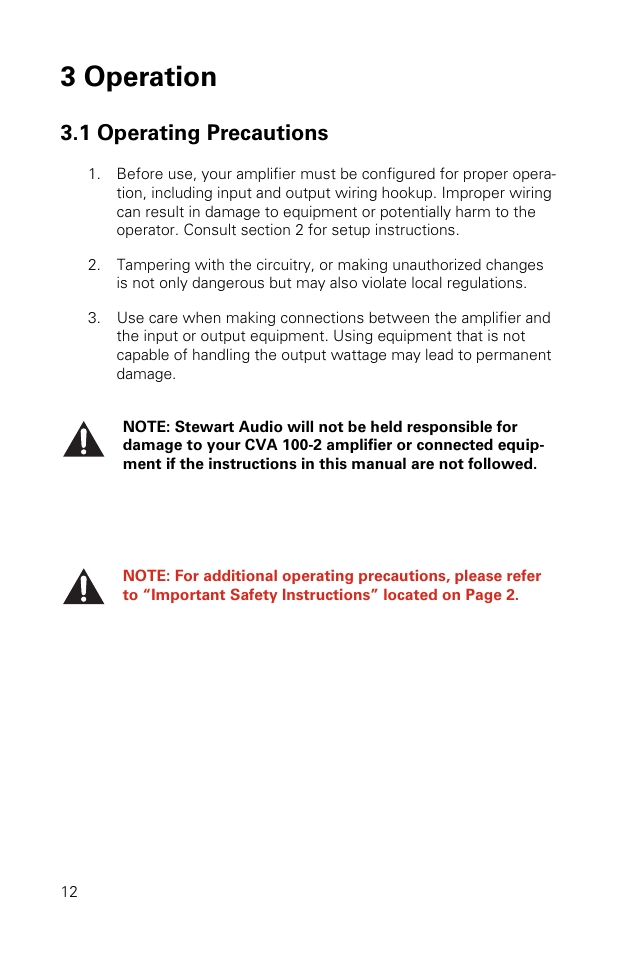 3 operation, 1 operating precautions | Stewart Audio CVA100-2 User Manual | Page 12 / 28
