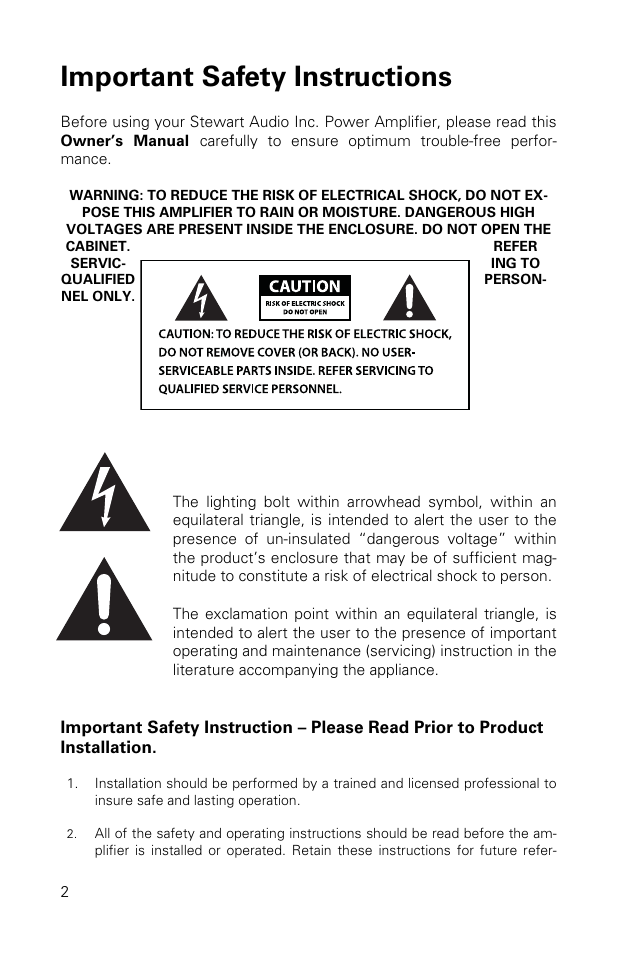 Important safety instructions | Stewart Audio CVA100-2 User Manual | Page 2 / 28