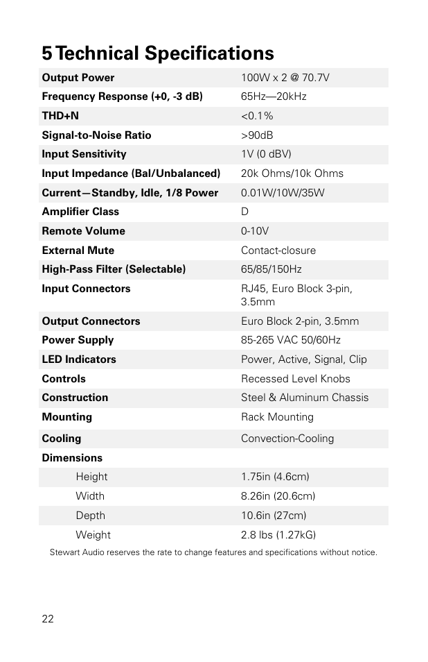 5 technical specifications | Stewart Audio CVA100-2 User Manual | Page 22 / 28