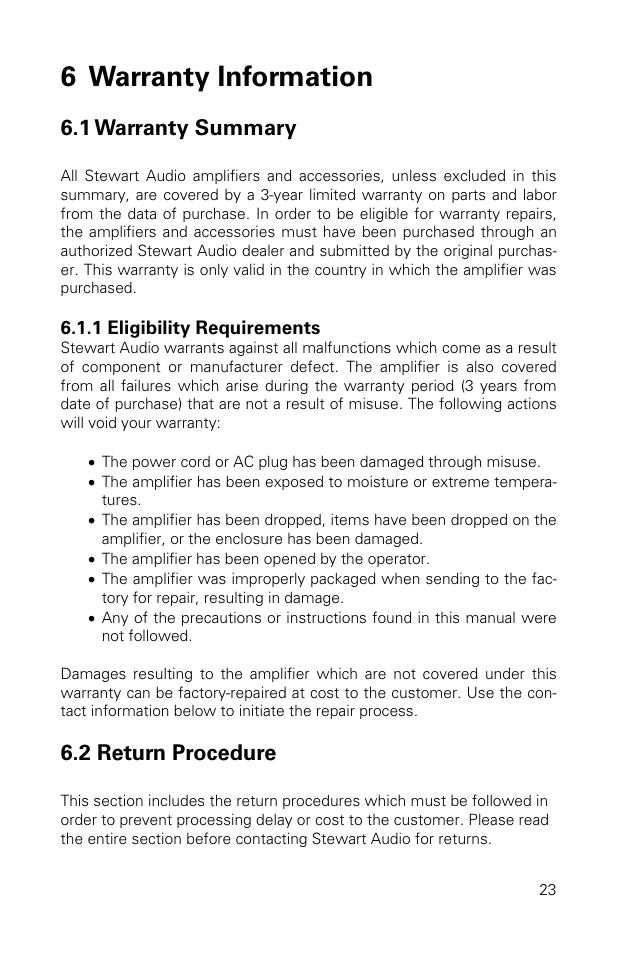 6 warranty information, 1 warranty summary, 2 return procedure | Stewart Audio CVA100-2 User Manual | Page 23 / 28