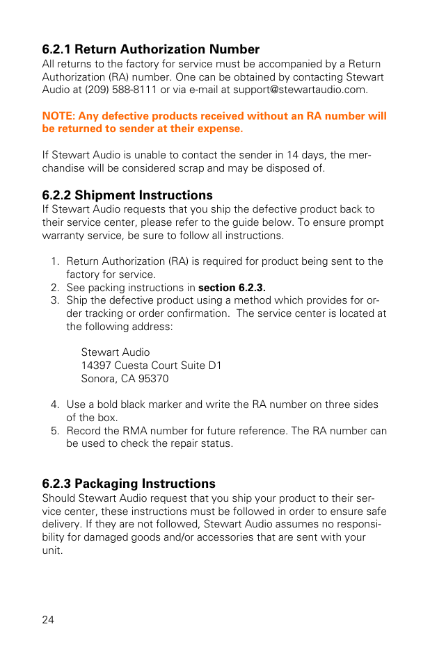 1 return authorization number, 2 shipment instructions, 3 packaging instructions | Stewart Audio CVA100-2 User Manual | Page 24 / 28