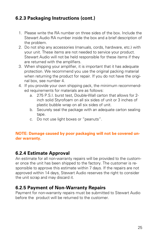 3 packaging instructions (cont.), 4 estimate approval, 5 payment of non-warranty repairs | Stewart Audio CVA100-2 User Manual | Page 25 / 28