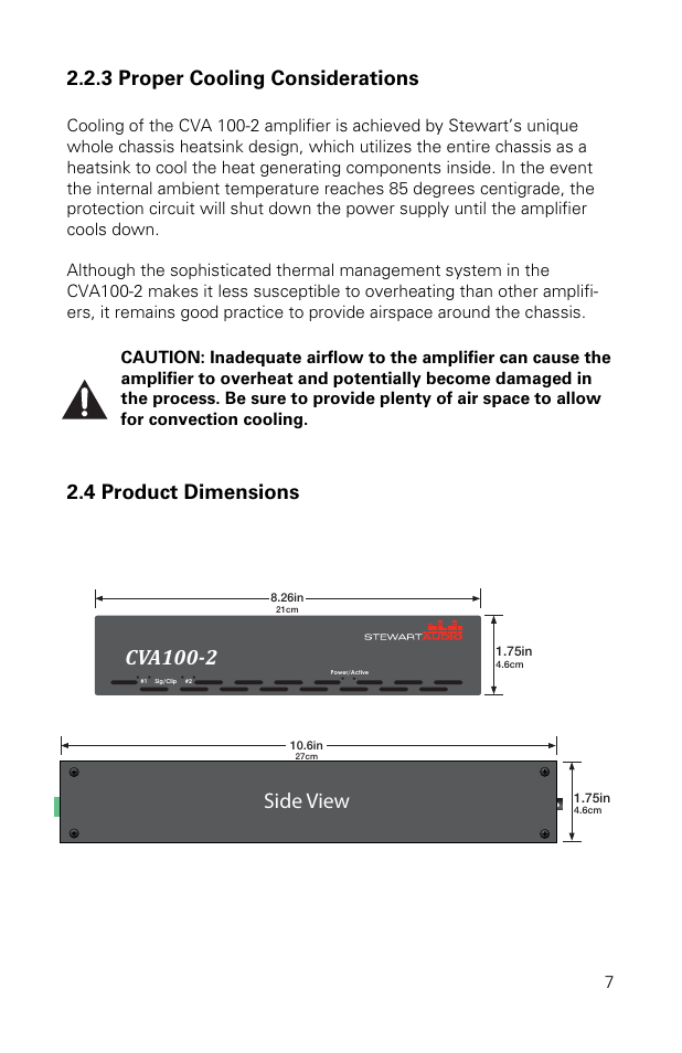 Cva100-2, Side view, 3 proper cooling considerations | 4 product dimensions | Stewart Audio CVA100-2 User Manual | Page 7 / 28