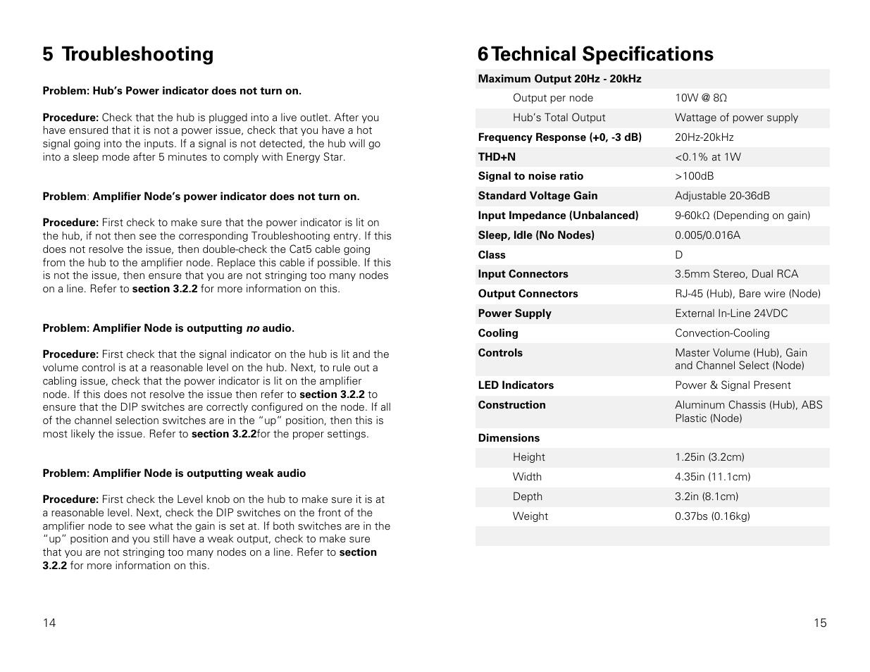 6 technical specifications, 5 troubleshooting | Stewart Audio IS-AmpNode-10 User Manual | Page 8 / 10