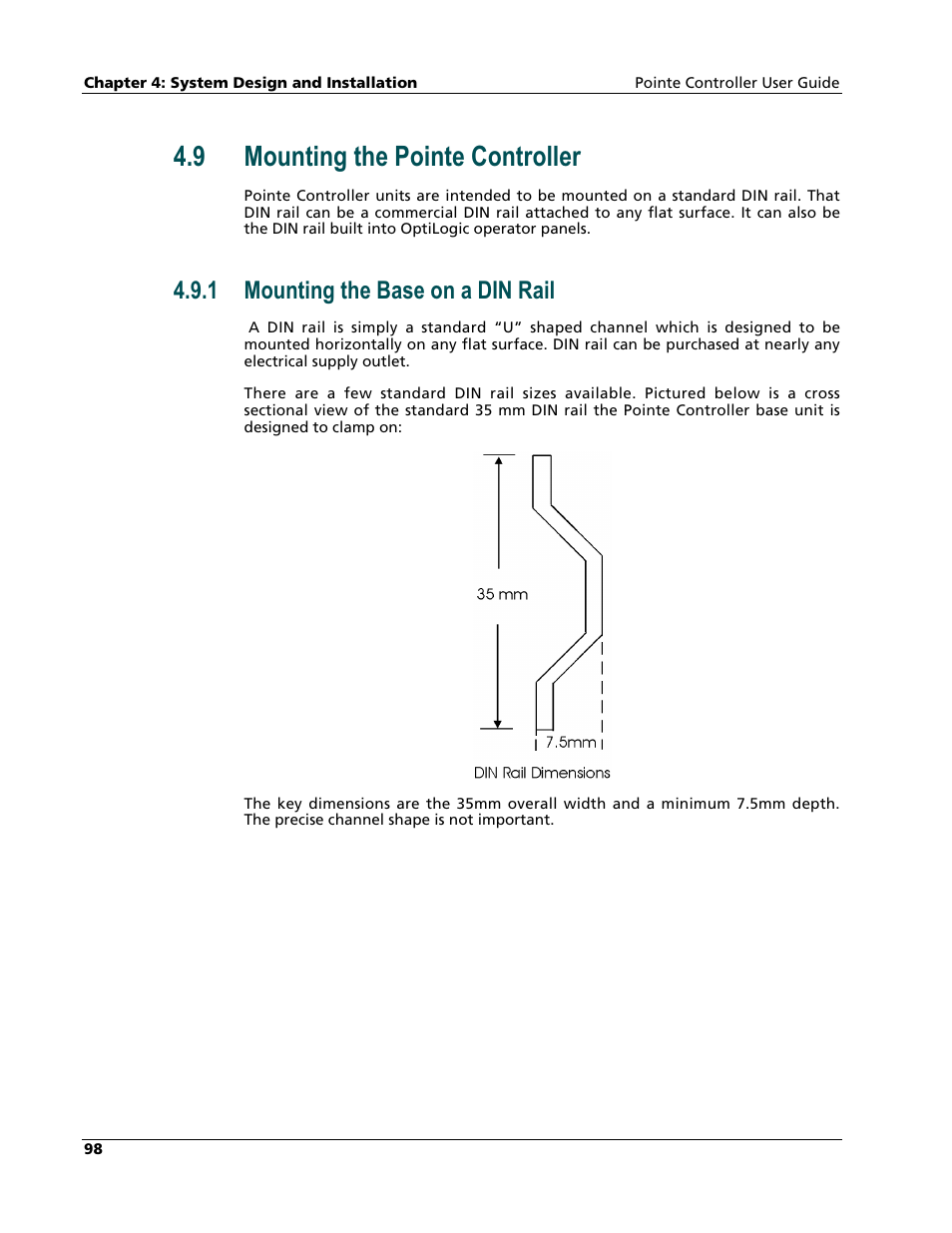 Mounting the pointe controller, Mounting the base on a din rail, 9 mounting the pointe controller | 1 mounting the base on a din rail | Nematron Pointe Controller User Manual | Page 100 / 441