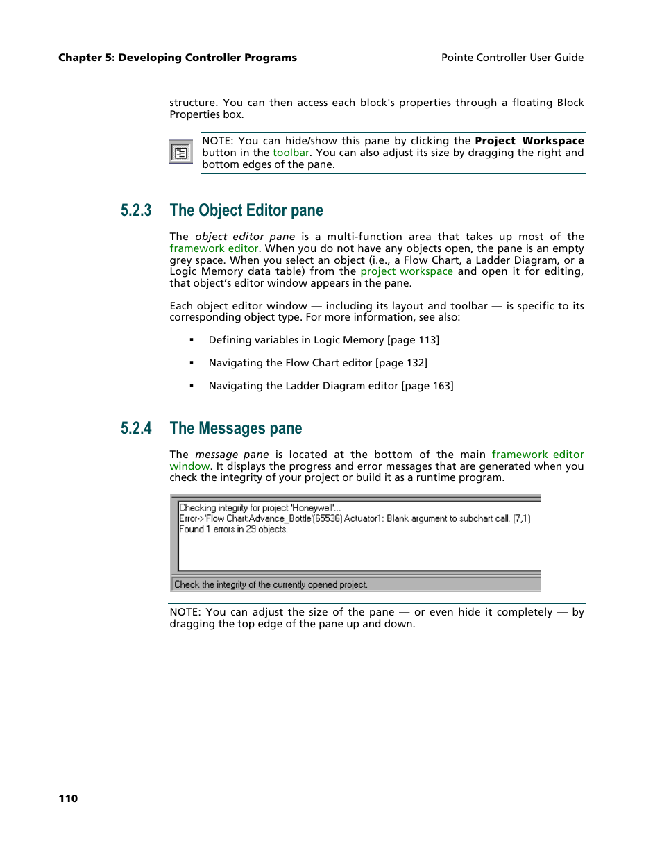 The object editor pane, The messages pane, 3 the object editor pane | 4 the messages pane | Nematron Pointe Controller User Manual | Page 112 / 441