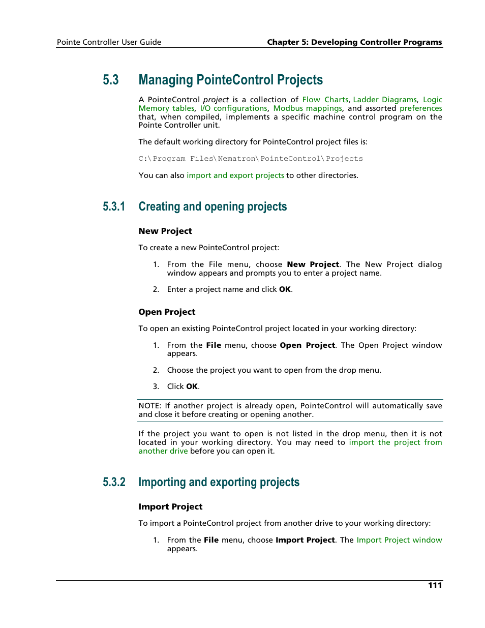 Managing pointecontrol projects, Creating and opening projects, Importing and exporting projects | 3 managing pointecontrol projects, 1 creating and opening projects, 2 importing and exporting projects | Nematron Pointe Controller User Manual | Page 113 / 441