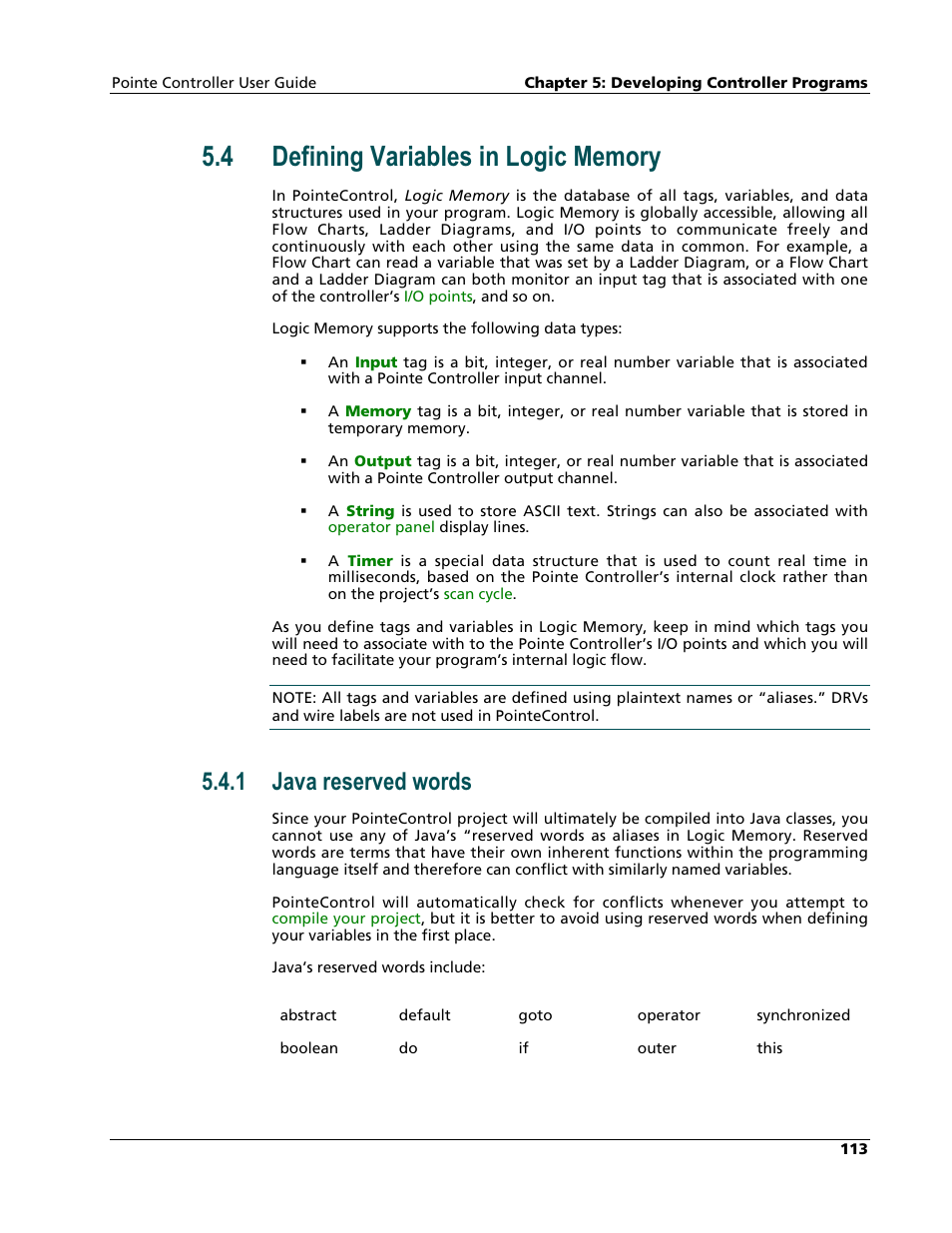 Defining variables in logic memory, Java reserved words, 1 java reserved words | Nematron Pointe Controller User Manual | Page 115 / 441