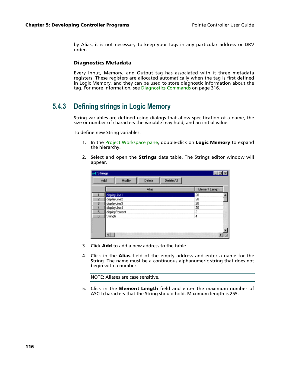 Defining strings in logic memory | Nematron Pointe Controller User Manual | Page 118 / 441