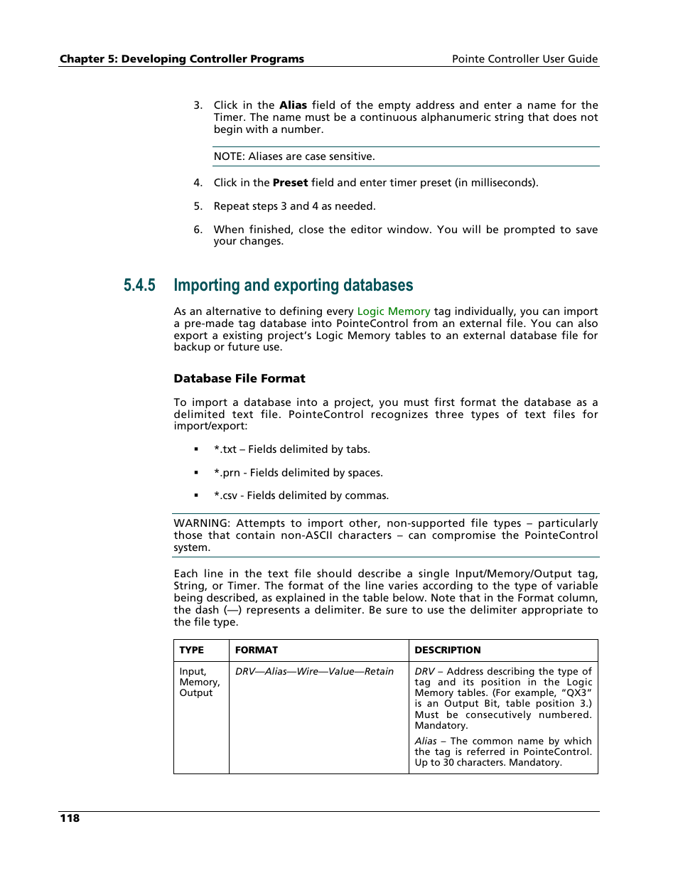 Importing and exporting databases, 5 importing and exporting databases | Nematron Pointe Controller User Manual | Page 120 / 441