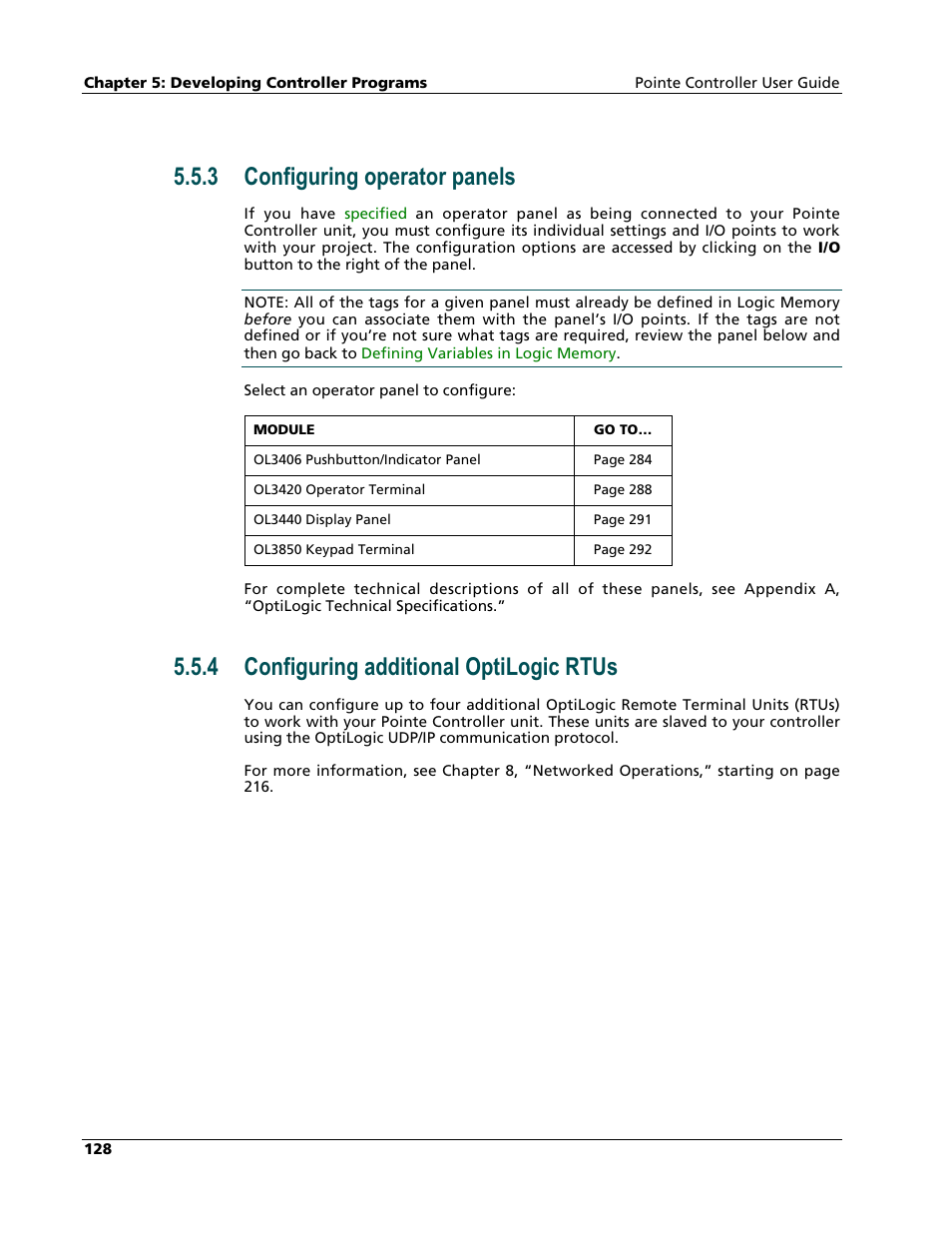 Configuring operator panels, Configuring additional optilogic rtus, 3 configuring operator panels | 4 configuring additional optilogic rtus | Nematron Pointe Controller User Manual | Page 130 / 441