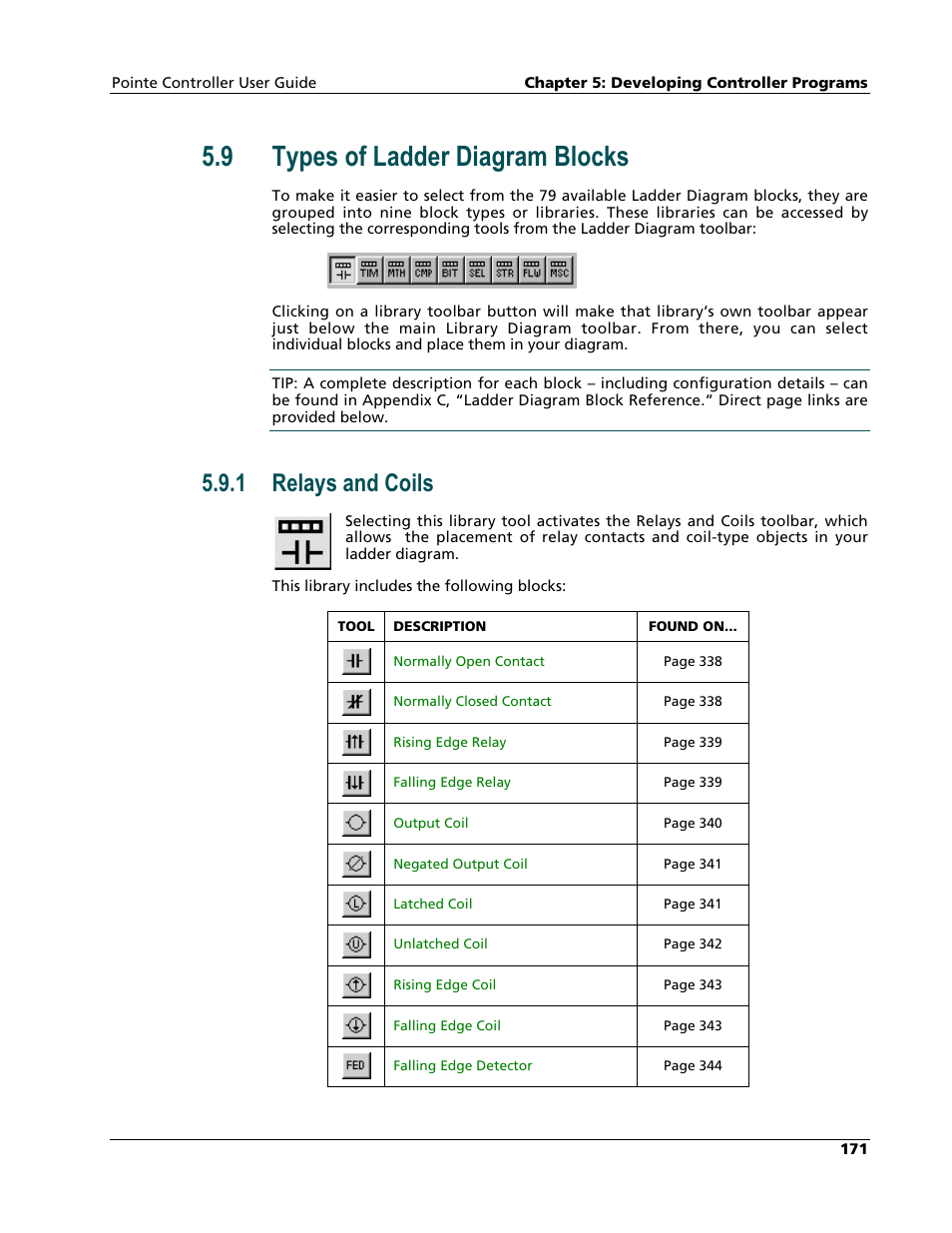 Types of ladder diagram blocks, Relays and coils, 9 types of ladder diagram blocks | 1 relays and coils | Nematron Pointe Controller User Manual | Page 173 / 441