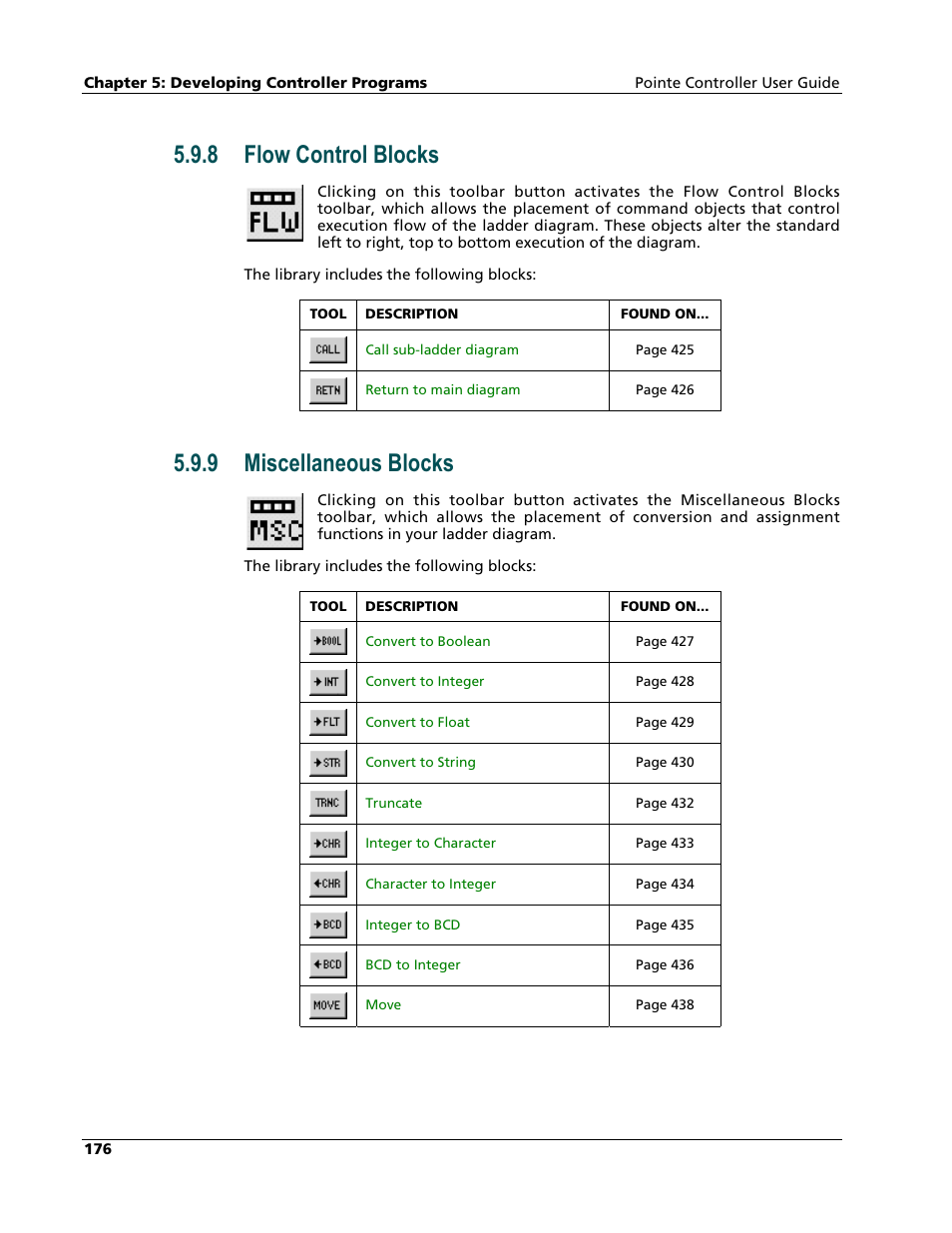 Flow control blocks, Miscellaneous blocks, 8 flow control blocks | 9 miscellaneous blocks | Nematron Pointe Controller User Manual | Page 178 / 441