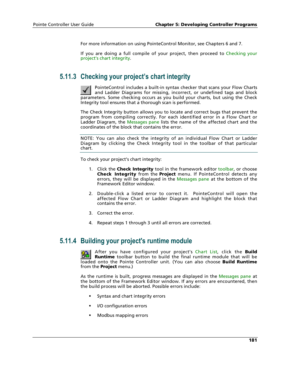 Checking your project's chart integrity, Building your project's runtime module, 3 checking your project’s chart integrity | 4 building your project's runtime module | Nematron Pointe Controller User Manual | Page 183 / 441