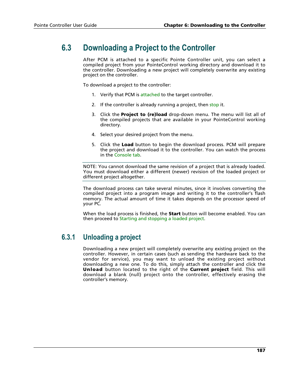 Downloading a project to the controller, Unloading a project, 3 downloading a project to the controller | 1 unloading a project | Nematron Pointe Controller User Manual | Page 189 / 441