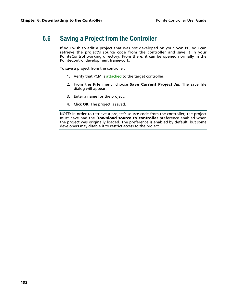 Saving a project from the controller, 6 saving a project from the controller | Nematron Pointe Controller User Manual | Page 194 / 441